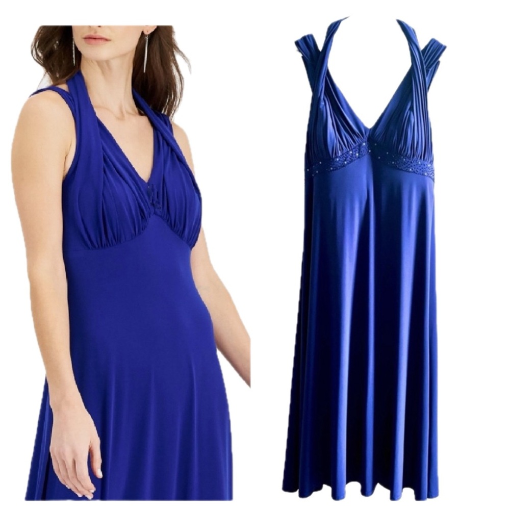 Cobalt Blue A-Line Halter Strap Midi Sequins Dress  16